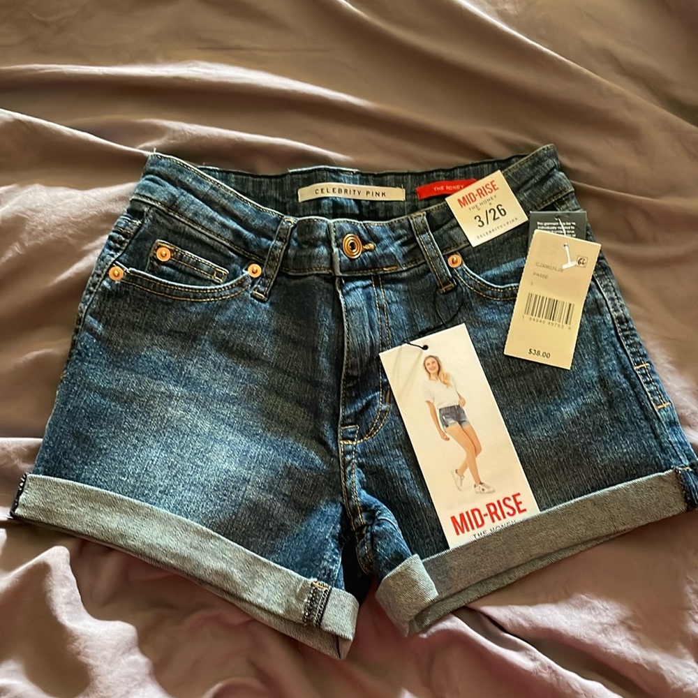 NWT Celebrity Pink mid-rise, denim, cuffed shorts.